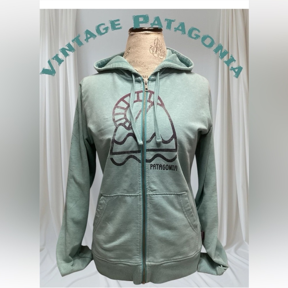 PATAGONIA Vintage Hoodie Aqua With Ridge Logo Size Women's Small *worn Cuffs